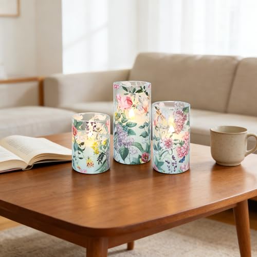 Image of Floral Flameless Candles with Remote Timer, Pink Rose and Lilac Pattern LED Glass Candles, Battery Operated for Home Party Wedding Christmas Spring Valentine's Day Decor, Set of 3