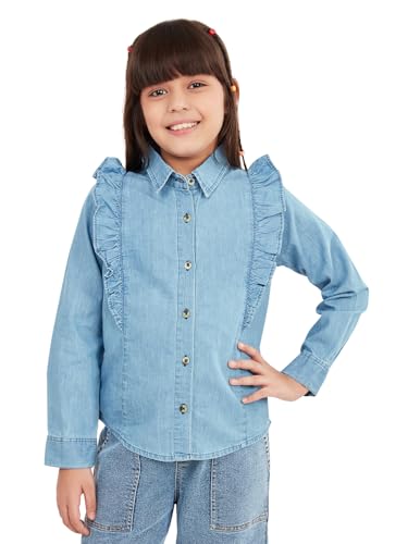 Image of olele Girls Full Sleeve Ruffles Cotton Linen Shirt - White for 4 to 14 Years | Kids Girl White Shirt | White Ruffle Shirt for Girls | Shirt Jeans