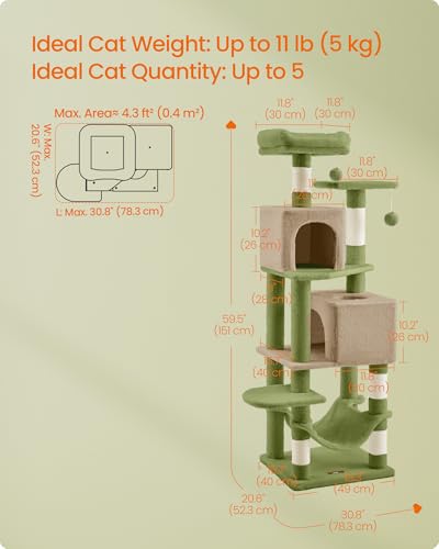 Image of Feandrea Cat Tree, 59.5-Inch Tall Cat Tower, Plush Multi-Level Condo with 5 Scratching Posts, 2 Perches, 2 Caves, Hammock, 2 Pompoms, Grass Green and Camel Brown UPCT192C03