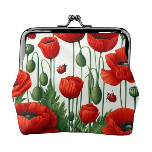 Pu Leather Buckle Coin Purse Natural-Red-Poppies Girls Kiss-Lock Change Purse Wallets