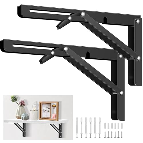 16 Inch Folding Shelf Brackets, Pynsseu Heavy Duty Stainless Steel Collapsible Black Shelf Bracket, DIY Triangle Folding Shelf Bracket Wall Mounted for Table Work Bench Space Saving, 2 Pack