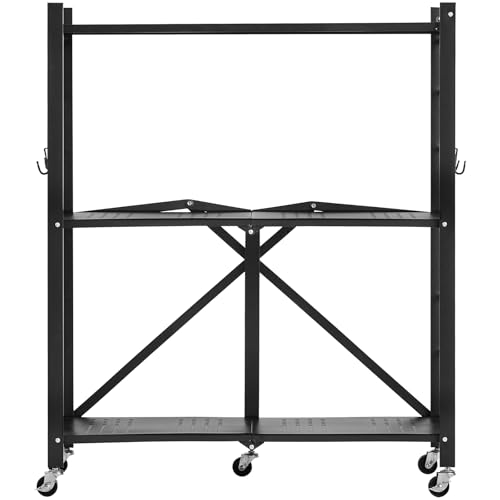 VEVOR 3 Etagen, Klappbare Regale mit Rädern, 33x76x91 cm, Faltbares Schwerlastregal, montagefreies Standregal, Haushaltsregal, Küchenregal, Metallregal für Garage, Küche, Keller, schwarz
