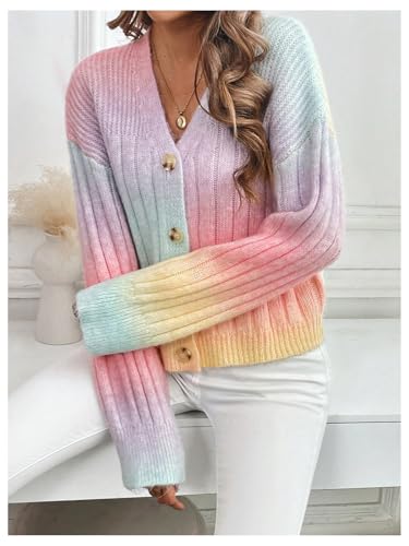 Image of MakeMeChic Women's Colorful Chunky Cropped Cardigans Button Down Long Sleeve Drop Shoulder Rainbow Sweater Multicolor a Small