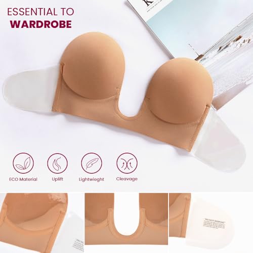 Image of JOATEAY Sticky Bra - Deep Plunge Strapless Push Up Reusable Underwire Adhesive Bra for Women Backless Dress Partywear Wedding