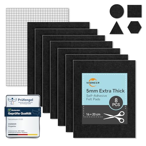 8 pezzi di feltrini autoadesivi (16x20cm, 5mm) | Feltro agugliato di alta qualità per sedie e mobili | Tagliabili e insonorizzanti | Protezione silenziosa per pavimenti (nero)