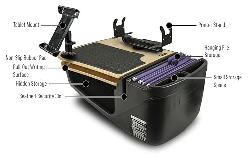 Image of AutoExec AE-GMCD-PS-TAB-11M GripMaster Car Desk for Your Vehicle Workstation and Mobile Office, Natural with Printer Stand and Tablet Mount | Vehicle Workstation, Mobile Office, Printer Stand, Tablet Mount