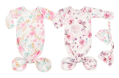 Newborn Knotted Gown Nightgown Soft Sleeper Gown with Hat Set for Baby Boy or Girl-2 Pieces