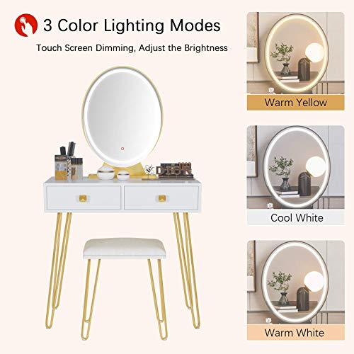 Vanity Table Set with 3 Color Lighted Mirror & Stool, Makeup Dressing Table with Touch Screen Dimming Mirror & 2 Drawers, Wood Modern Bedroom Makeup Desk for Women, Girl, White