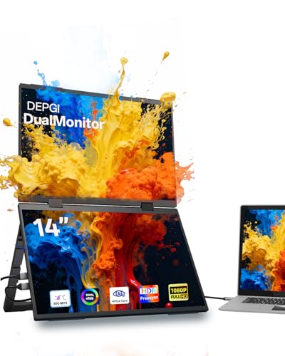 Image of DEPGI 14 inch Dual Portable Laptop Screen Extender, Stacked Dual Portable Monitor for 13 inch-16 inch Laptops, Foldable Triple Screen with 30W PD Adapter, USB-C One-Cable Plug & Play for MacBook, Windows