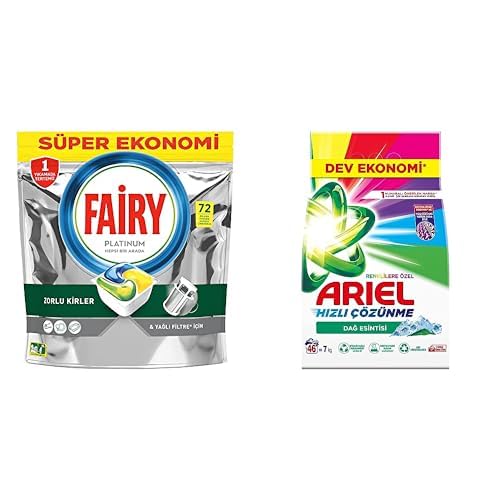 Fairy Platinum 72 Yıkama Bulaşık Makinesi Deterjanı Kapsülü/TabletiLimon Kokulu & Ariel Aqua Pudra Dağ Esintisi Toz Çamaşır Deterjanı Renklilere Özel 7 kg