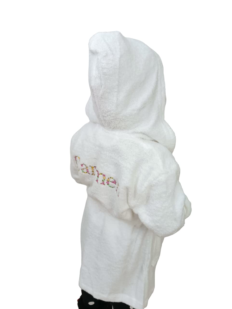 Nenel Albornoz infantil con bordado en flores - Albornoz unisex niño/niña nombre floral - Bata de baño rizo blanco absorbente.