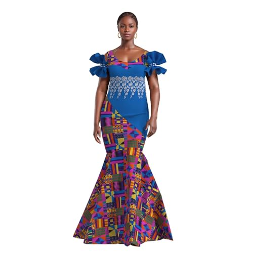 Image of iooiooi Womens Elegant Ankara Maxi Mermaid Dress Lace Decorated African Gowns