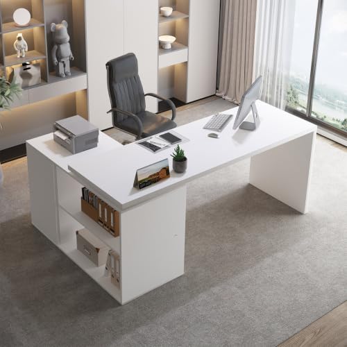 Image of HSH White L Shaped Computer Corner Desk with 3 Storage Drawers 60 inch | Reversible Home Office Corner Desk with 2 Open Side Shelves Modern Wood Executive L Desks for Bedroom,Study Workstation