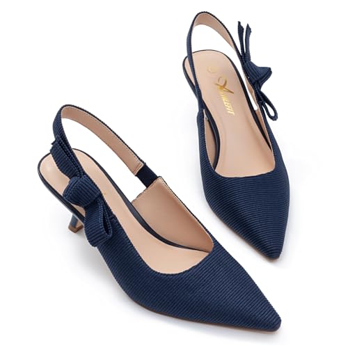 Athlefit Women's Slingback Kitten Heels Closed Pointed Toe Bowknot Pumps Dress Shoes for Work Wedding Dancing Party4
