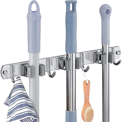 YUEHAO Support à Balai Mural, Acier Inoxydable, Support à Vadrouille Adhésif Avec Crochet, Armoire à Balai Multifonction Pour Cuisine, Jardin, Salle de Bain, Garage, Balcon, Bureau, (YH003)