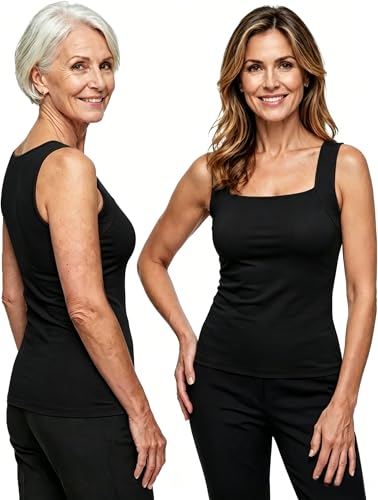 Avulea Womens Tank Top with Built-in Bra Seamless Shapewear Square Neck Hip-Length Non-Roll Hem (US Alpha (Alpha) L Regular Black)