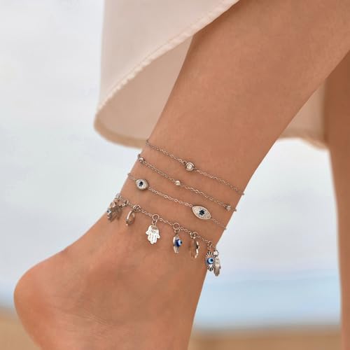 LOFITOR Waterproof Gold Anklet Bracelet Set for Women - Dainty Charm Link Chains with CZ Evil Eye, Star, and Pearl Beads - Adjustable Beach Jewelry - Image 6