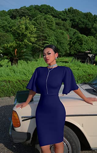 Image of Memoriesea Women's Basic Bodycon Ruffle Flared Short Sleeve Pencil Midi Dress