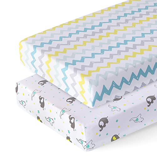 Pack N Play Sheets, 2 Pack Mini Crib Sheets Fits Standard Size 38" X 26" Playard Mattress, Soft And Stretchy, Playard Fitted Sheet, Colorful Stripe & Elephant #TOP24