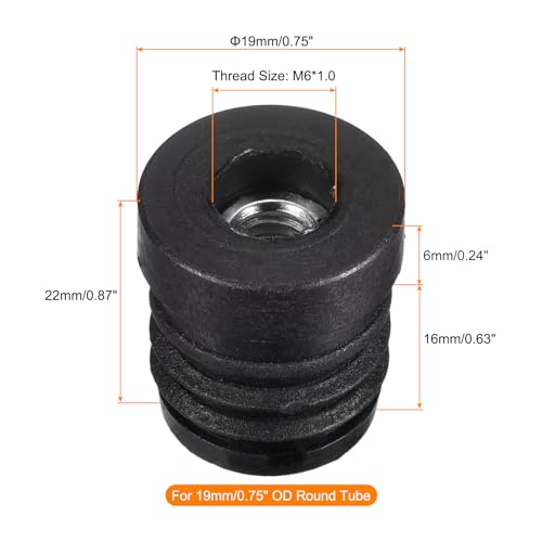 Image of uxcell 4Pcs Plastic Threaded Tube Inserts with M6 Thread, for 19mm /0.75 inch OD Round Tube, Adjustable Round Black Plastic Plug Caster Insert Chair End Caps Furniture Leg Plug