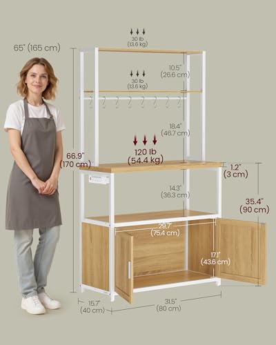 Image of VASAGLE Kitchen Bakers Rack with Power Outlet, Coffee Bar with 35.4-Inch High Worktop, Microwave Stand with 8 Hooks, 15.7 x 31.5 x 66.9 Inches, Golden Oak and Cloud White UKKS059Y01