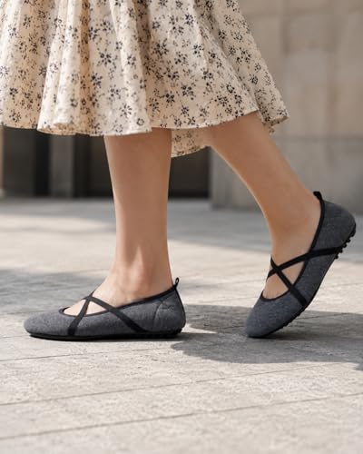 AWFI Velvet Ballet Flats for Women, Round Toe Mary Jane Style Flats with Crisscross Straps, Coolmax Midsole, Anti-Slip Sole, Dressy Work Shoes Grey — view 2