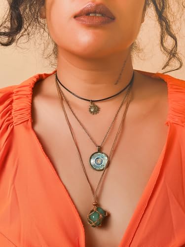 MINACHI Bohemian Retro Style Multi Layer Necklace, Green Crystal Sun and Floral Pendant, Ethnic Jewelry for Women3