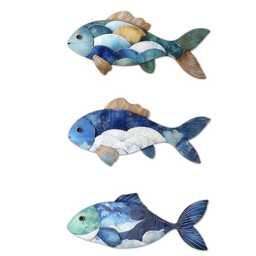 PIujsym 3 Stück Holz Fische Wandbehang Set im Ostsee Stil Ozean Wellen Motive Wandornamente als Sommerdeko Küstenstil Zubehör für Badezimmer Deko und Wohnzimmer maritime Dekoration