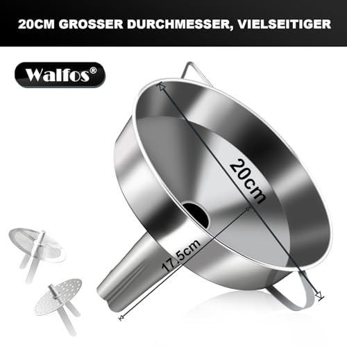 Walfos Trichter Edelstahl Groß 20cm, KüChentrichter Mit 2 Abnehmbaren Sieben & 1 StüCk ReinigungsbüRste, Perfekt Zum UmfüLlen Von FlüSsigkeiten, Marmelade, Trockenen Zutaten