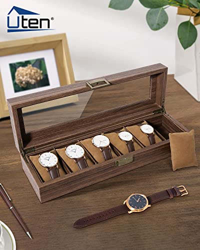 Image of Uten Watch Box 6 Slots with Glass Lid, Wood Grain PU Leather | Watch Storage Organizer, Imitation Suede Pillows, Metal Clasp, fits Watch Size up to 55mm, Gift Idea