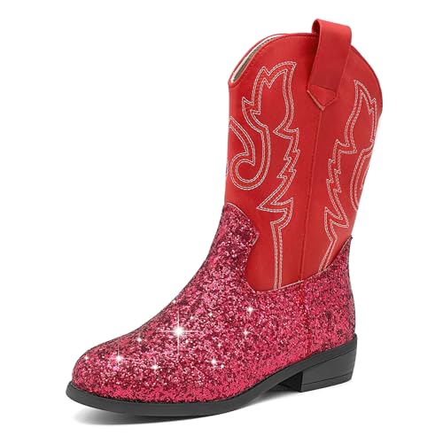 Girls Cowboy Boots Kids Embroidered Square Toe Mid Calf Glitter Western Cowgirl Boot Side Zipper Shoes