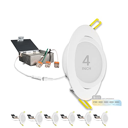 Nuwatt 4 Inch Adjustable Round Led Ultra Thin Downlight 6 Pack, 9W Dimmable Led Ceiling Light, 5-In-1 Cct, Recessed Trim & J Box, White Trim #TOP9