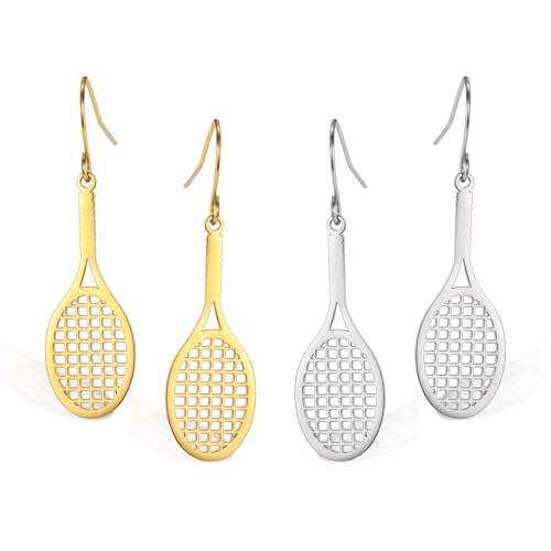 Pendientes de tenis para mujer de acero inoxidable delicados dijes de raqueta de tenis aretes colgantes para amantes del tenis regalos para mujeres adolescentes y jugadoras (Juego de tenis)