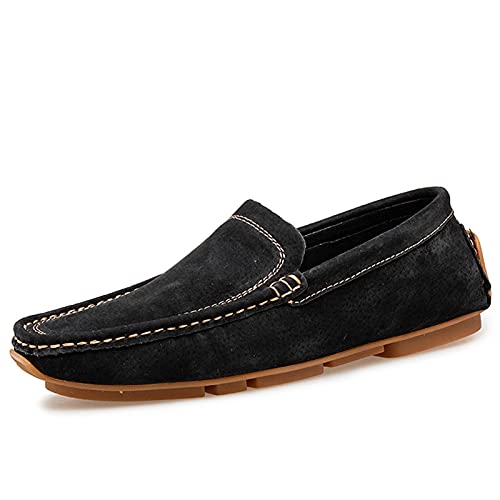 Men's Loafers Shoes Genuine Leather Suede Vamp Stitching Details Round Toe Perforated Option Flexible Comfortable Flat Heel Slip Resistant Prom (Color : Black, Size : 8)