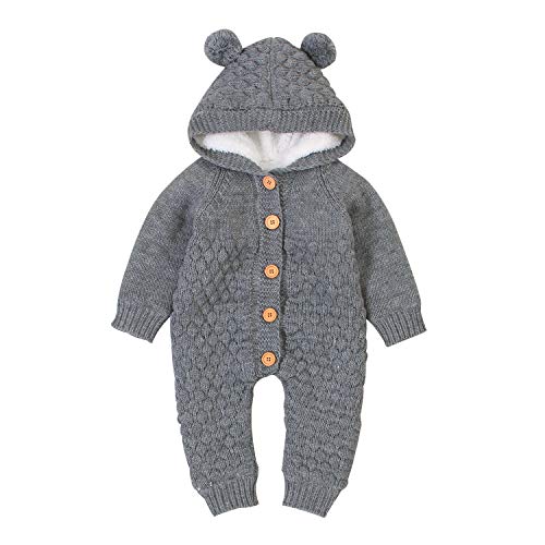 Hadetoto Baby Sweater Romper Warm Knit Hooded Jumpsuit Long Sleeve One Piece Outfits Grey 3-6 Months
