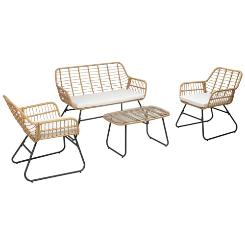 Happy Garden - Happy Garden Salon de Jardin TIGA en résine tressée 4 Places - Coussins crème - 1 canapé, 2 fauteuils, 1 Table Basse