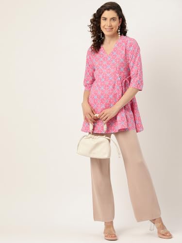 Image of feranoid Floral Print Angrakha 3 Sleeves Flared Kurti