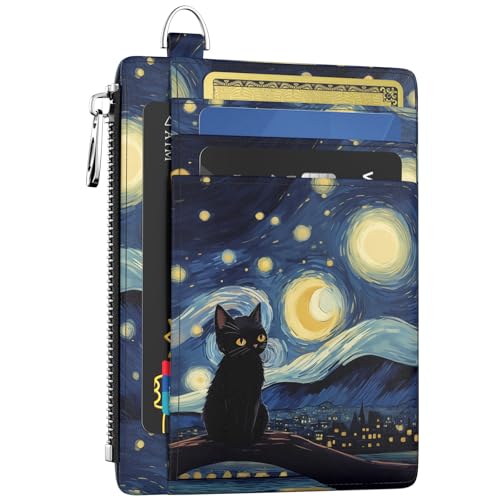 Hancynir Slim Wallet Women Credit Card Holder Black Cat Starry Night RFID Small Mini Card Case Front Pocket PU Leather Thin Travel Zipper Coin Cash ID Window Girls Wallet Gifts