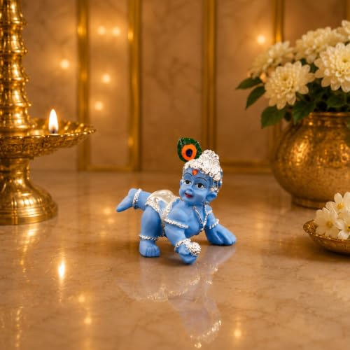 Image of Gold Art India 999 Silver Plated Blue Laddu Gopal Idol | Premium Velvet Gift Box | Bal Krishna Murti for Home Temple & Office | 2.5 Inch