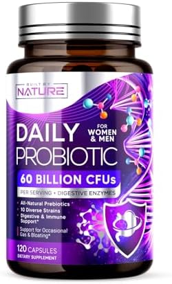 Built by Nature Probiotic for Women & Men – 60 Billion CFU, 10 Strains + Prebiotics & Digestive Enzymes – Supports Digestive, Immune, Reduce Gas & Bloating – Shelf Stable, Non-GMO – 120 Capsules