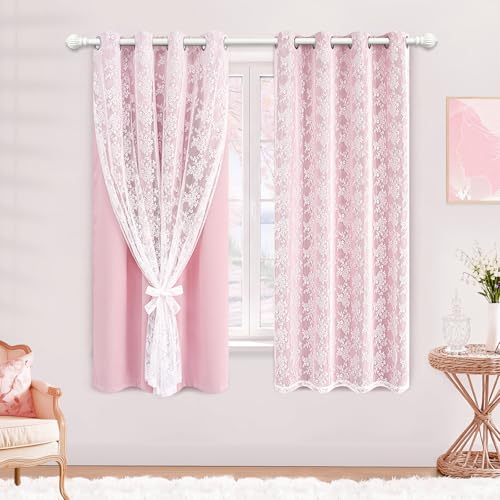 Image of Yinhua Pink Blackout Curtains for Bedroom Double Layer Nursery Curtains for Living Room 54 Inch Length 2 Panels Set Kid Curtain with Floral Sheer Overlay, Grommet Drapes with Tiebacks, 52 inch W x 54 inch L