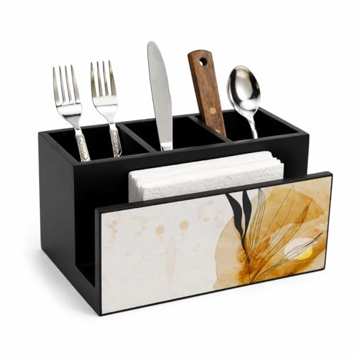 Image of Wooden Cutlery Holder I Countertop Organizer - Spoon Fork Knife Napkin Tissue Paper I Desk Supplies Pencil Pen Stationery Stand I Home & Kitchen I Size 7X 5 X 4, Autumn Black