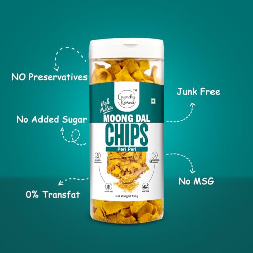 Image of CRUNCHY KARMA Moong Dal Chips Peri Peri Flavor | High Protein Healthy Snacks | Baked Gluten Free Chips | High Fiber & Low Cholesterol Snack | Crispy Indian Spicy Chips for Kids & Adults | 150g