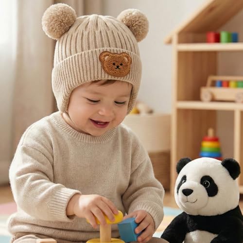 Image of Kraptick Children's Pompom Winter Warm Caps for Toddlers & Kids, Soft Knitted Beanie with Warm Earflaps, Cute Teddy Bear Design, Unisex Baby Woolen Hat-2