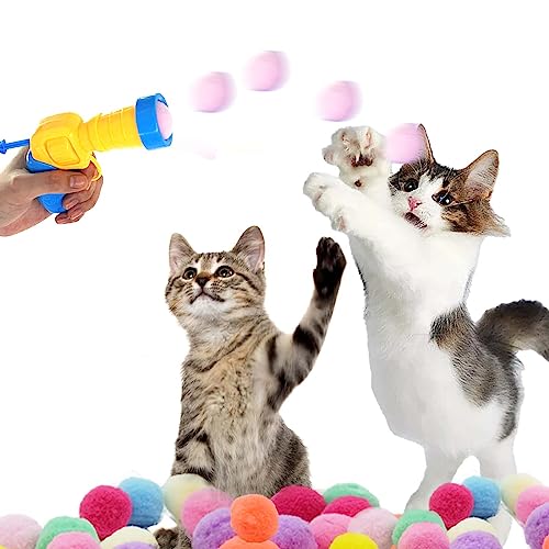 Qzsgwr Cat Ball Toy Launcher(New Upgraded) and Cat Pompom Balls (80Pcs 1.2Inch No Catnip).Interactive Cat Toys Balls for Indoor Cats. Let Your Kitten Enjoy Playing with You.