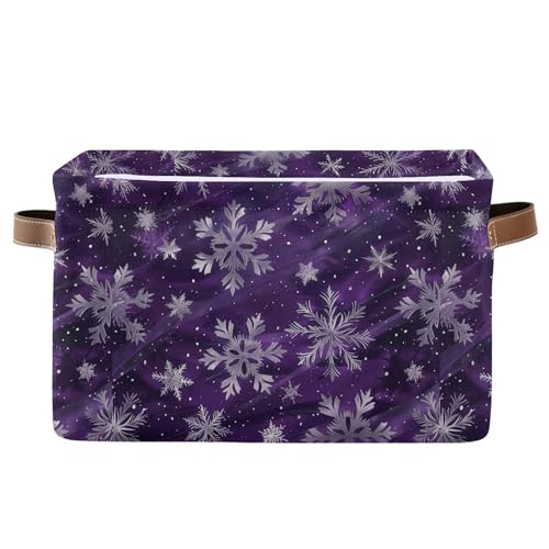 Image of Wamika Winter Snowflake Storage Basket with Waterproof Liner and PU Handles Christmas Purple Xmas Storage Bins Boxes 14.2 inch Collapsible Decorative Organizer Baskets for Bedroom Closet Office 1 Pack