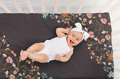 Image of Sweet Jojo Designs Fitted Baby Crib Sheets (Black Wildflower Vintage Floral) for Girls, Infant Nursery, Toddler Room - Standard Size (Photo Op, Boho, Paisley, Bohemian, Cottagecore, Farmhouse, Flower)
