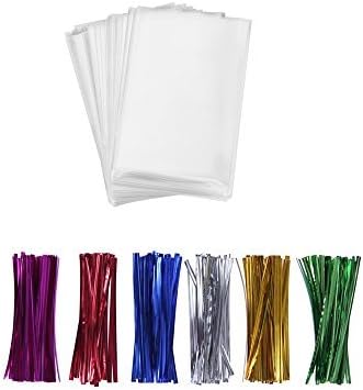 200 Treat Bags 3x4 with 200 Twist Ties 4" 6 Mix Colors - 1.4 mils Thickness OPP Plastic Bags for Lollipop Candy Cake Pop Chocolate Cookie Wrapping Buffet