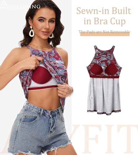 Image of Women Halter Tank Top with Built in Bra Flowy Sleevless Padded Camisole Loose Fit Summer Shirt Top S-3XL