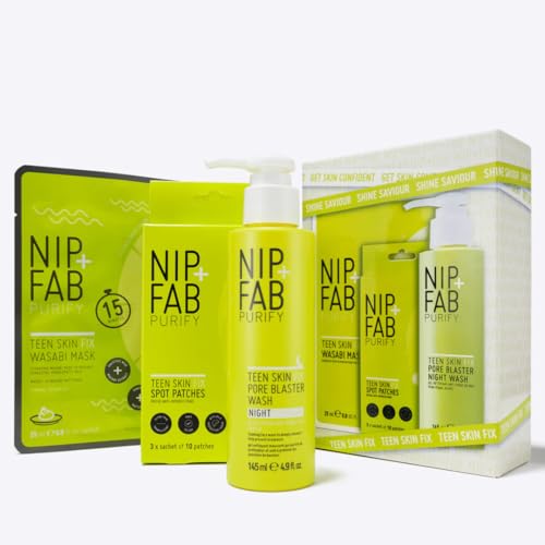 Nip + Fab Teen Skin Kit 3-Step Full Size Skincare Set for Teen Skin Includes Pore Blaster Wash Wasabi Sheet Mask & Spot Patches